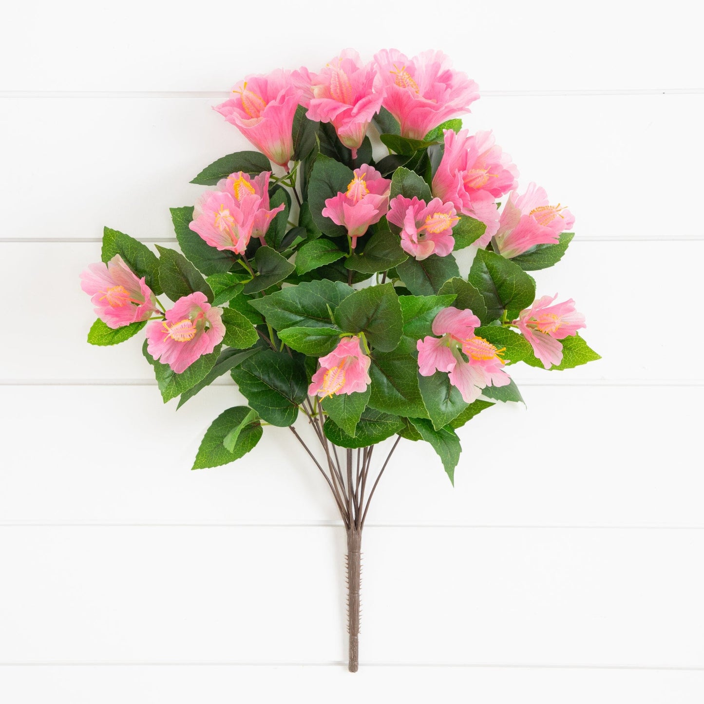 Hibiscus bush 19in 3-pack pink blooms with green leaves UV resistant Nearly Natural on Tampa Home & Garden Store