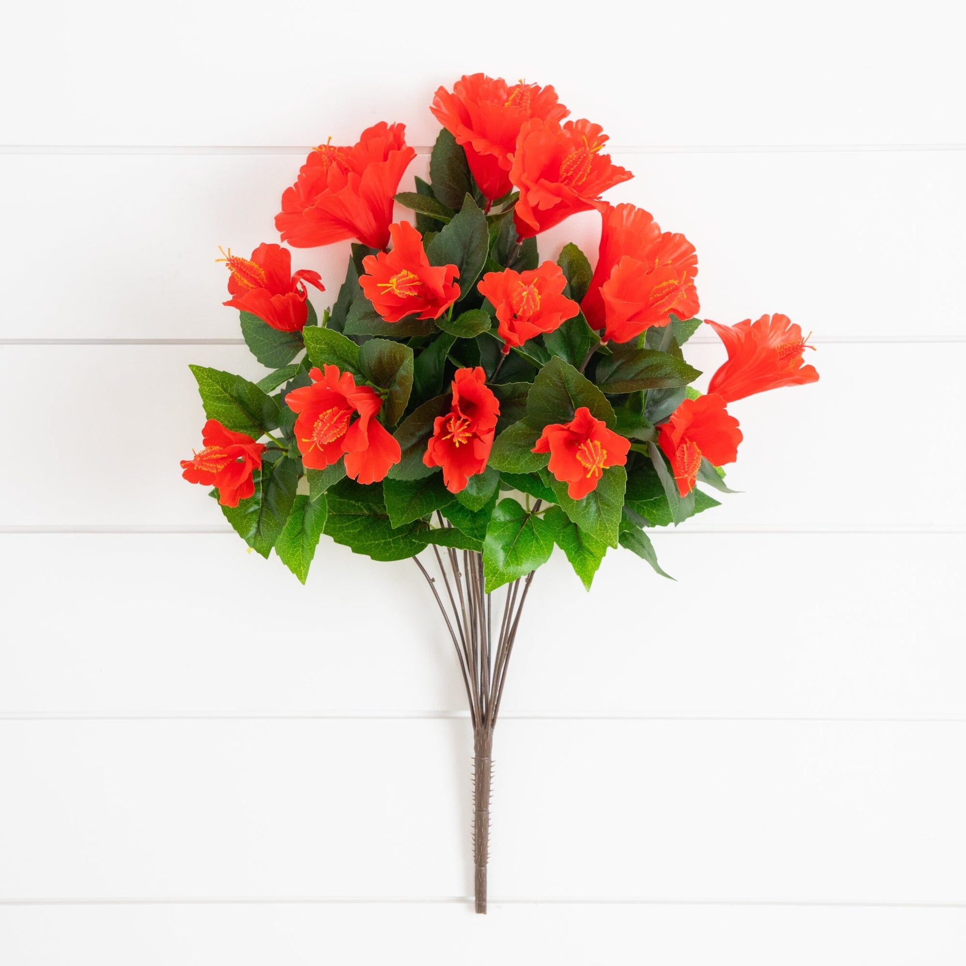 Hibiscus bush set of 3, Nearly Natural 19in UV-resistant red blooms with green leaves on Tampa Home & Garden Store