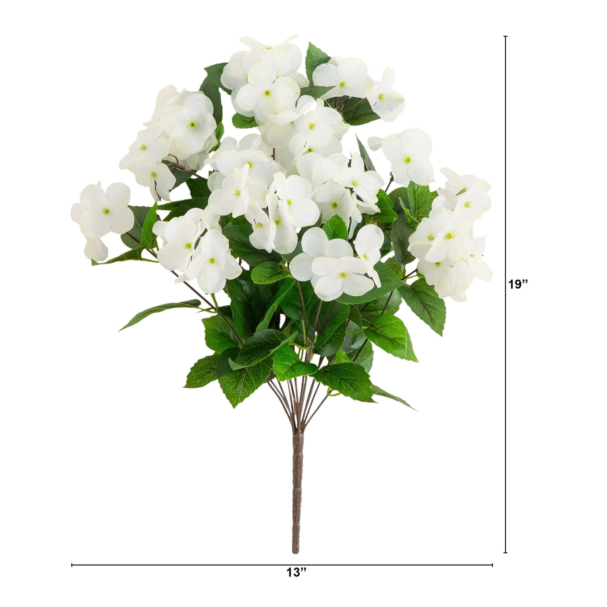Nearly Natural 19in artificial hydrangea bush set of 3 in white with green leaves on Tampa Home & Garden Store