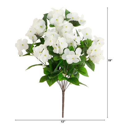 Nearly Natural 19in artificial hydrangea bush set of 3 in white with green leaves on Tampa Home & Garden Store