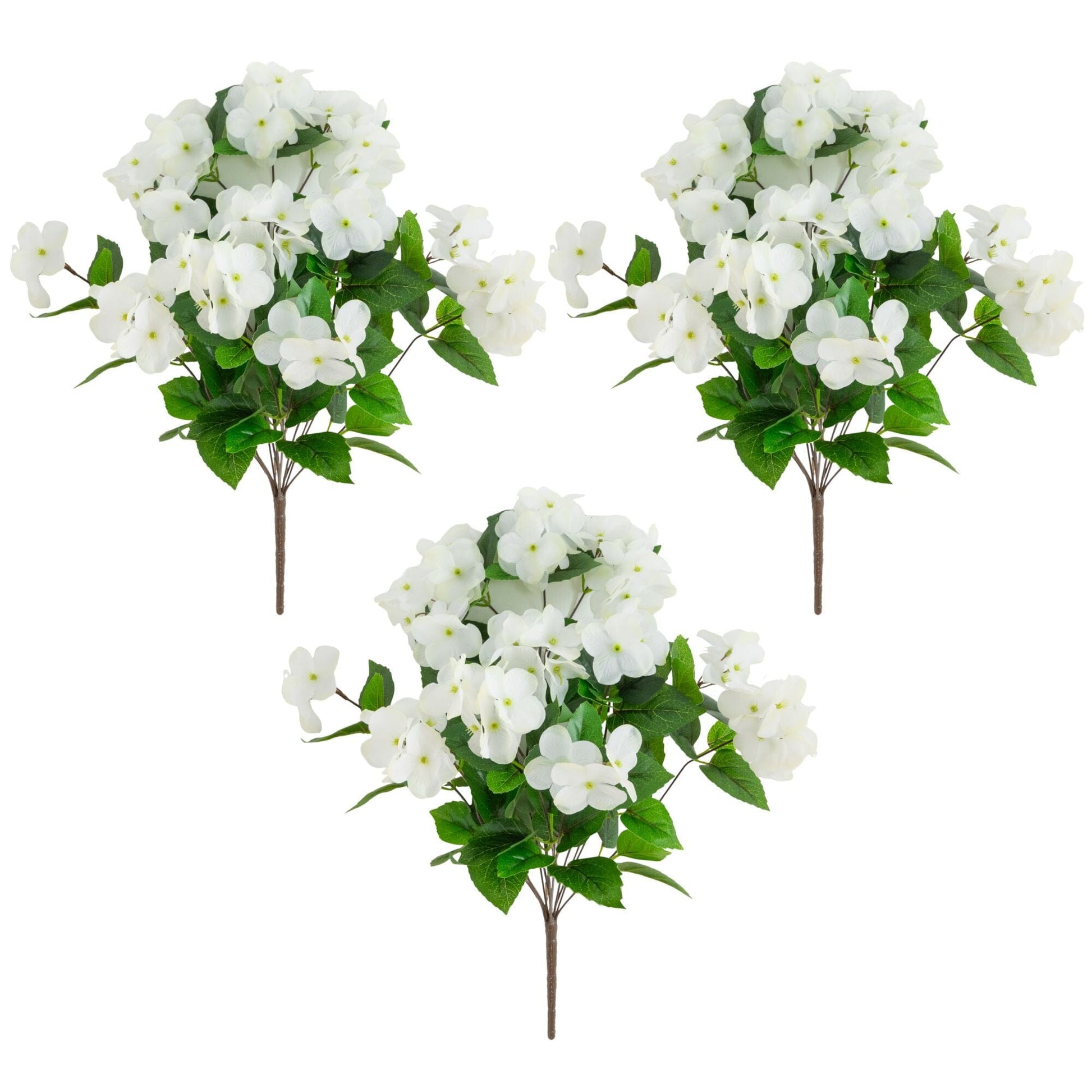 Artificial hydrangea bush set of 3, 19in, white blooms, UV resistant by Nearly Natural on Tampa Home & Garden Store