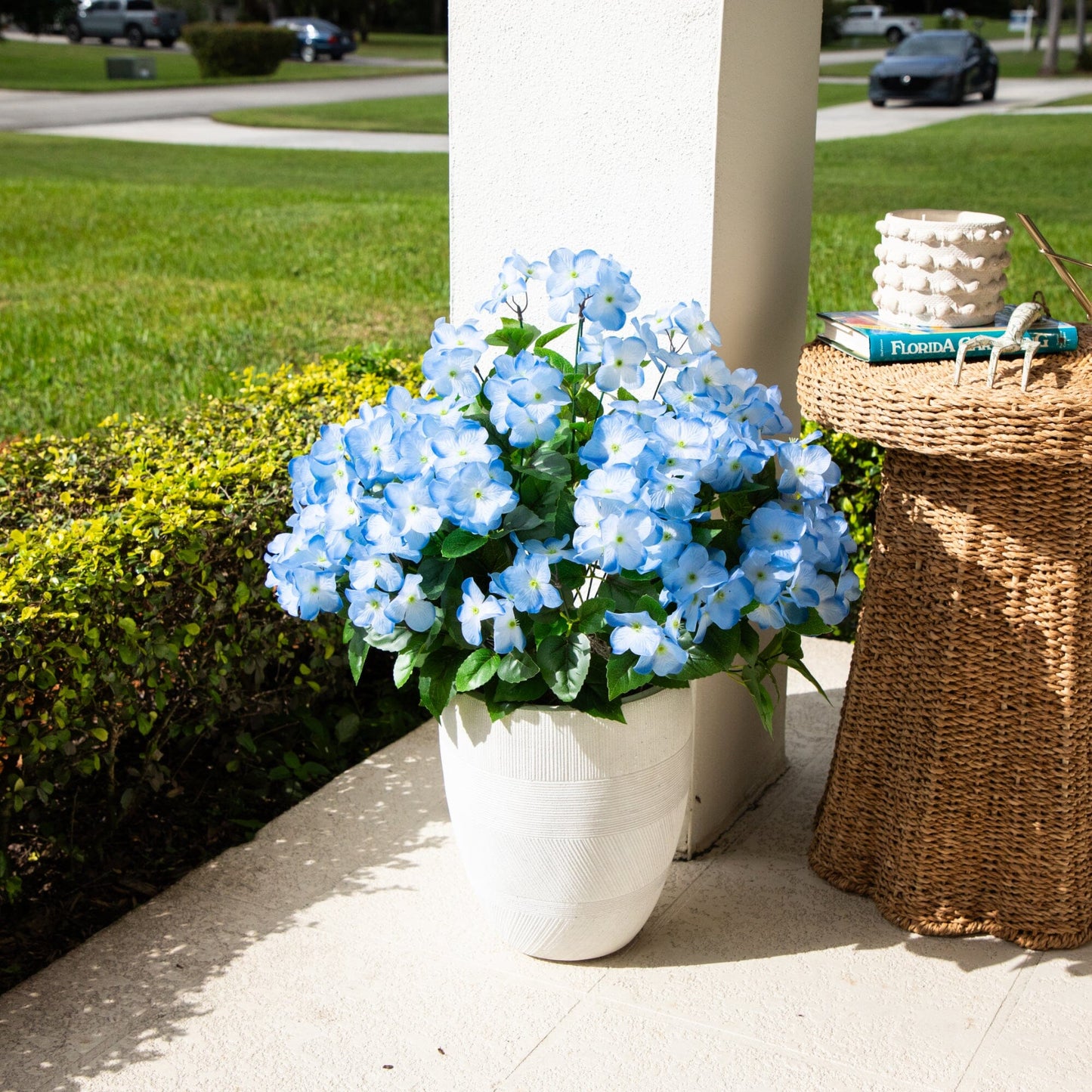 19in UV Resistant Artificial Hydrangea Bush (Indoor/Outdoor) - Set of 3, blue blooms on Tampa Home & Garden Store