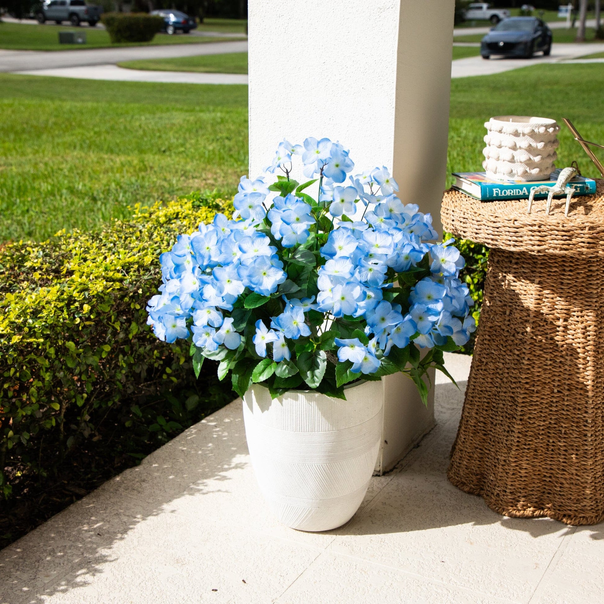 19in UV Resistant Artificial Hydrangea Bush (Indoor/Outdoor) - Set of 3, blue blooms on Tampa Home & Garden Store