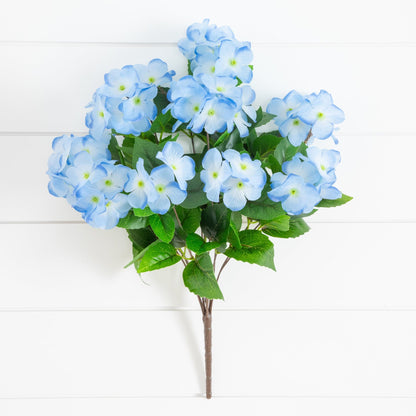 Nearly Natural 19in UV Resistant Artificial Hydrangea Bush set of 3 blue blooms with green leaves on Tampa Home & Garden Store