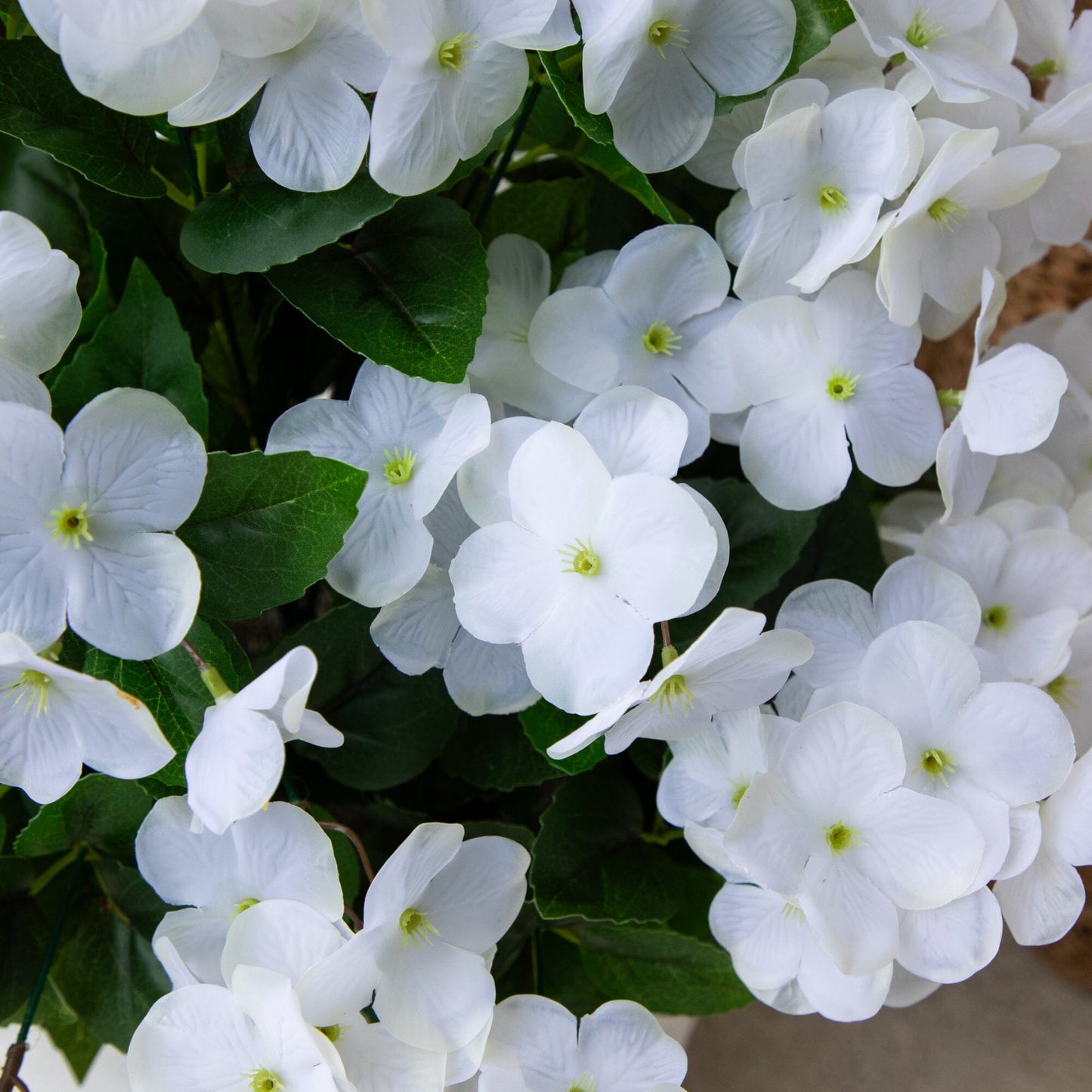 Hydrangea bush 19in UV-resistant artificial, white blooms with green leaves set of 3 on Tampa Home & Garden Store
