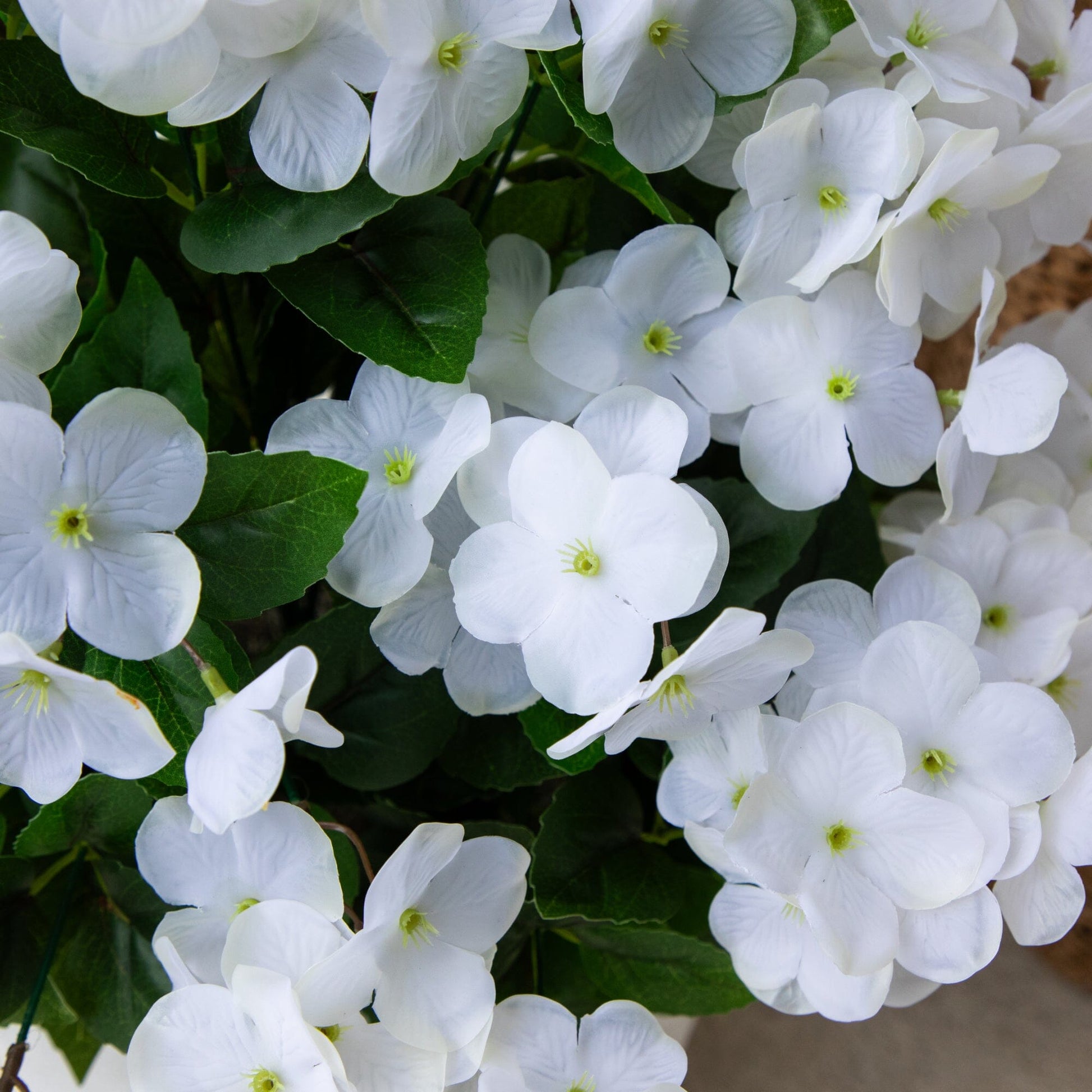 Hydrangea bush 19in UV-resistant artificial, white blooms with green leaves set of 3 on Tampa Home & Garden Store