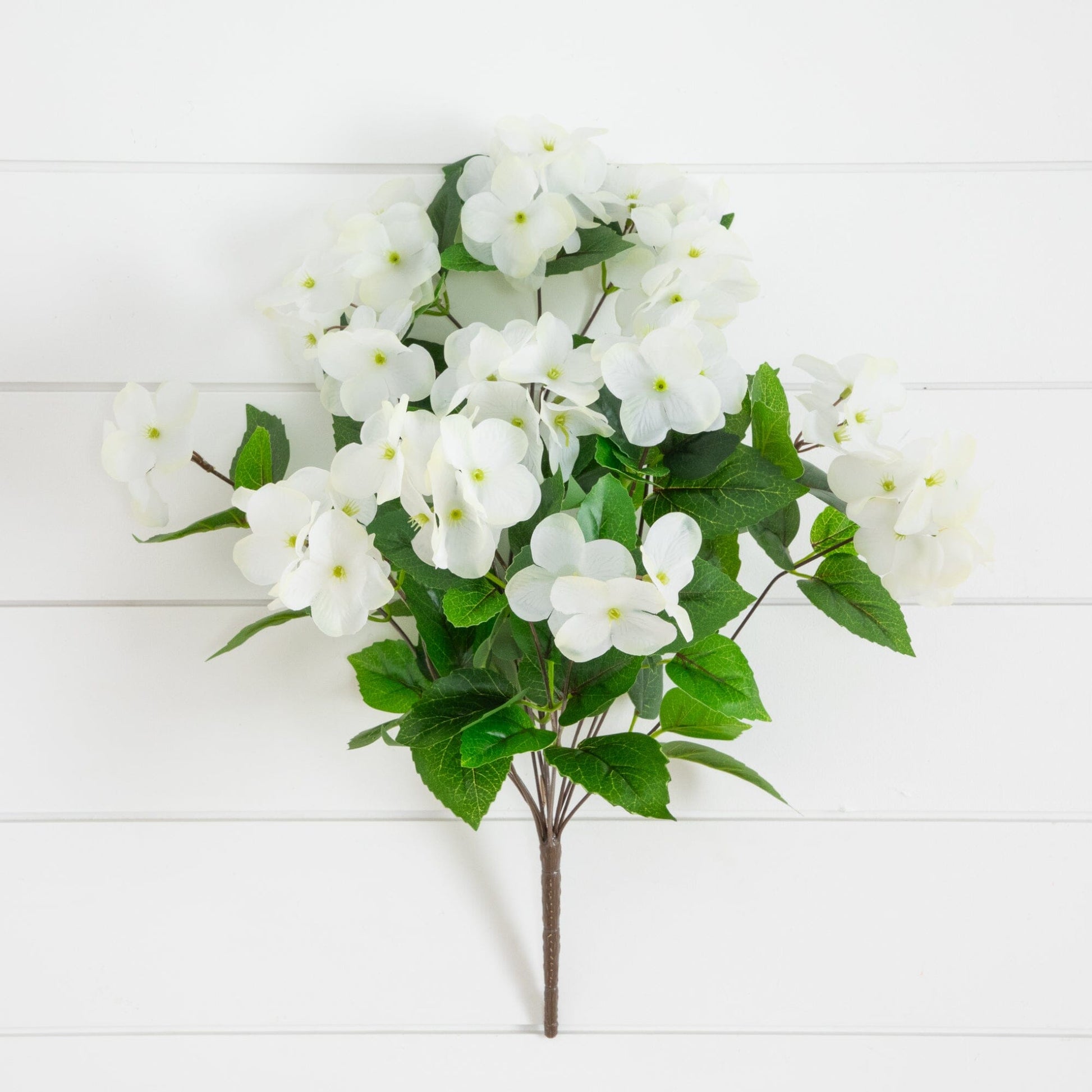 Nearly Natural 19in UV-resistant hydrangea bush set of 3 with white blooms and green leaves on Tampa Home & Garden Store