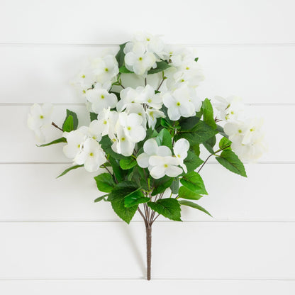 Nearly Natural 19in UV-resistant hydrangea bush set of 3 with white blooms and green leaves on Tampa Home & Garden Store