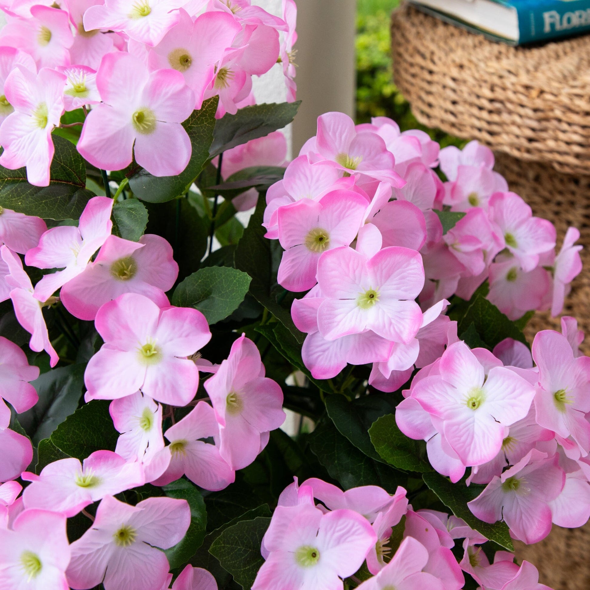 Artificial hydrangea bush set of 3, 19in, pink, UV-resistant, Nearly Natural indoor/outdoor on Tampa Home & Garden Store