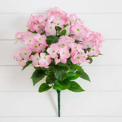 Artificial hydrangea bush set of 3, 19in with pink blooms and green leaves by Nearly Natural on Tampa Home & Garden Store