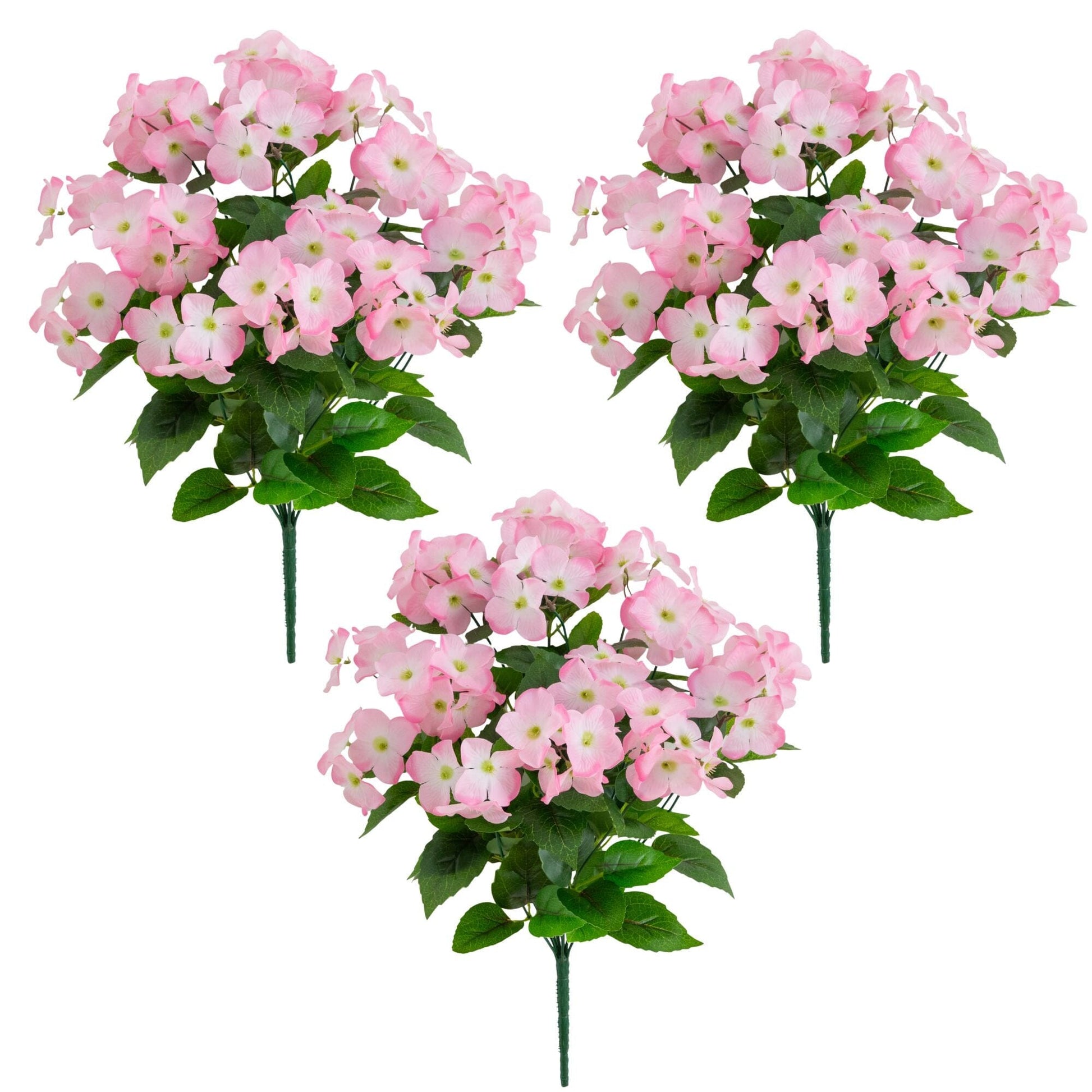 Artificial hydrangea bush 19in UV-resistant set of 3 with pink blooms for indoor/outdoor use on Tampa Home & Garden Store