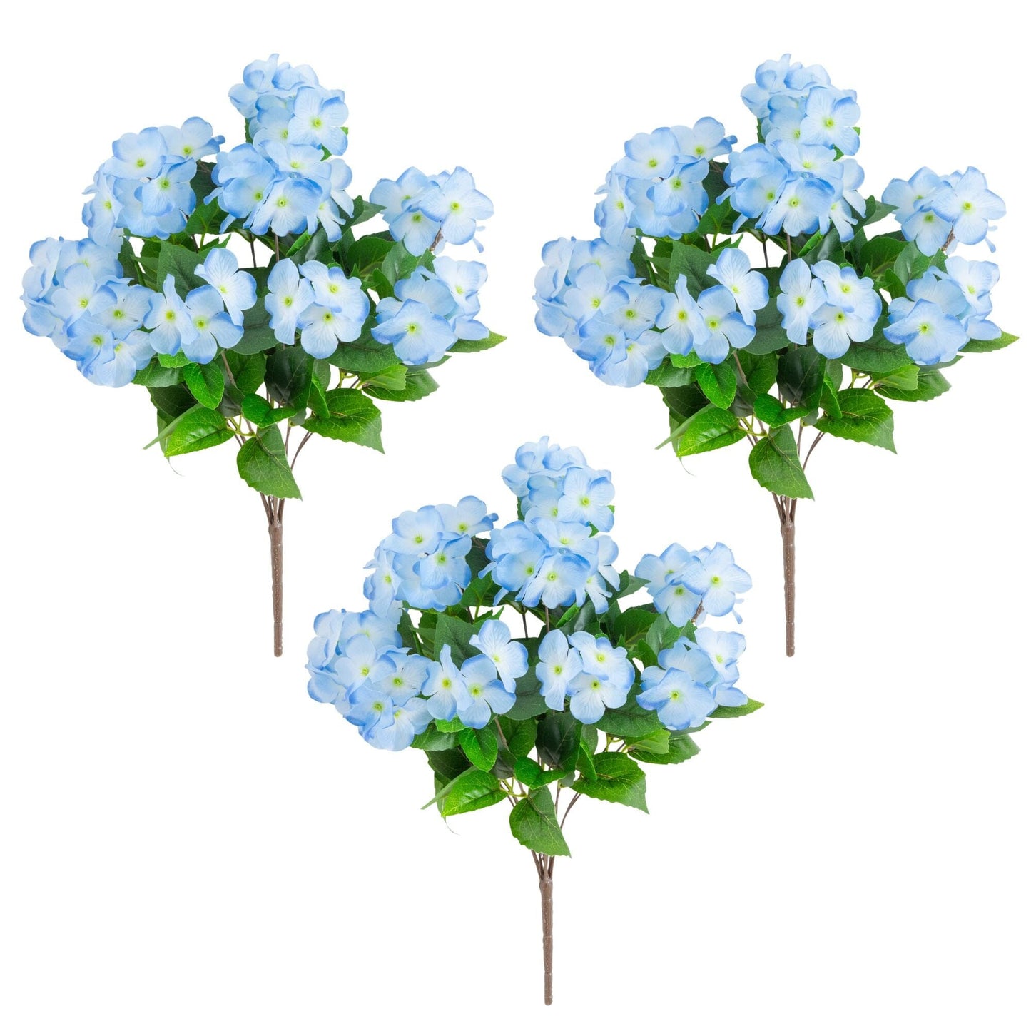 Artificial hydrangea bush 19in UV resistant blue blooms set of 3 by Nearly Natural indoor/outdoor on Tampa Home & Garden Store