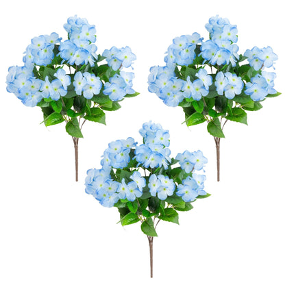 Artificial hydrangea bush 19in UV resistant blue blooms set of 3 by Nearly Natural indoor/outdoor on Tampa Home & Garden Store