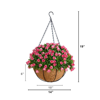 Artificial mini rose and aptenia hanging basket in pink with green foliage, 19in UV resistant on Tampa Home & Garden Store