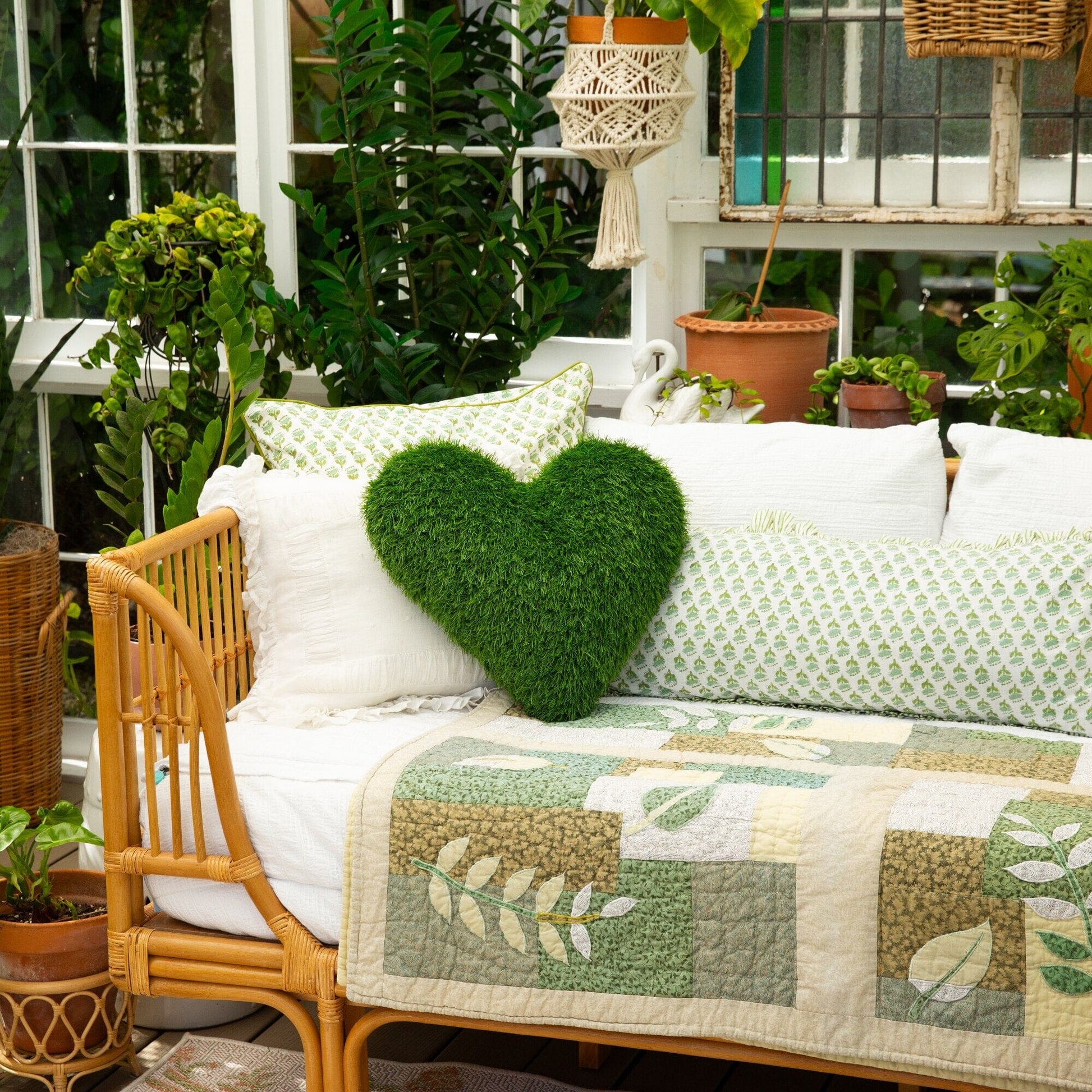 Nearly Natural 19in UV-resistant heart-shaped grass pillow cushion, vivid green turf on Tampa Home & Garden Store