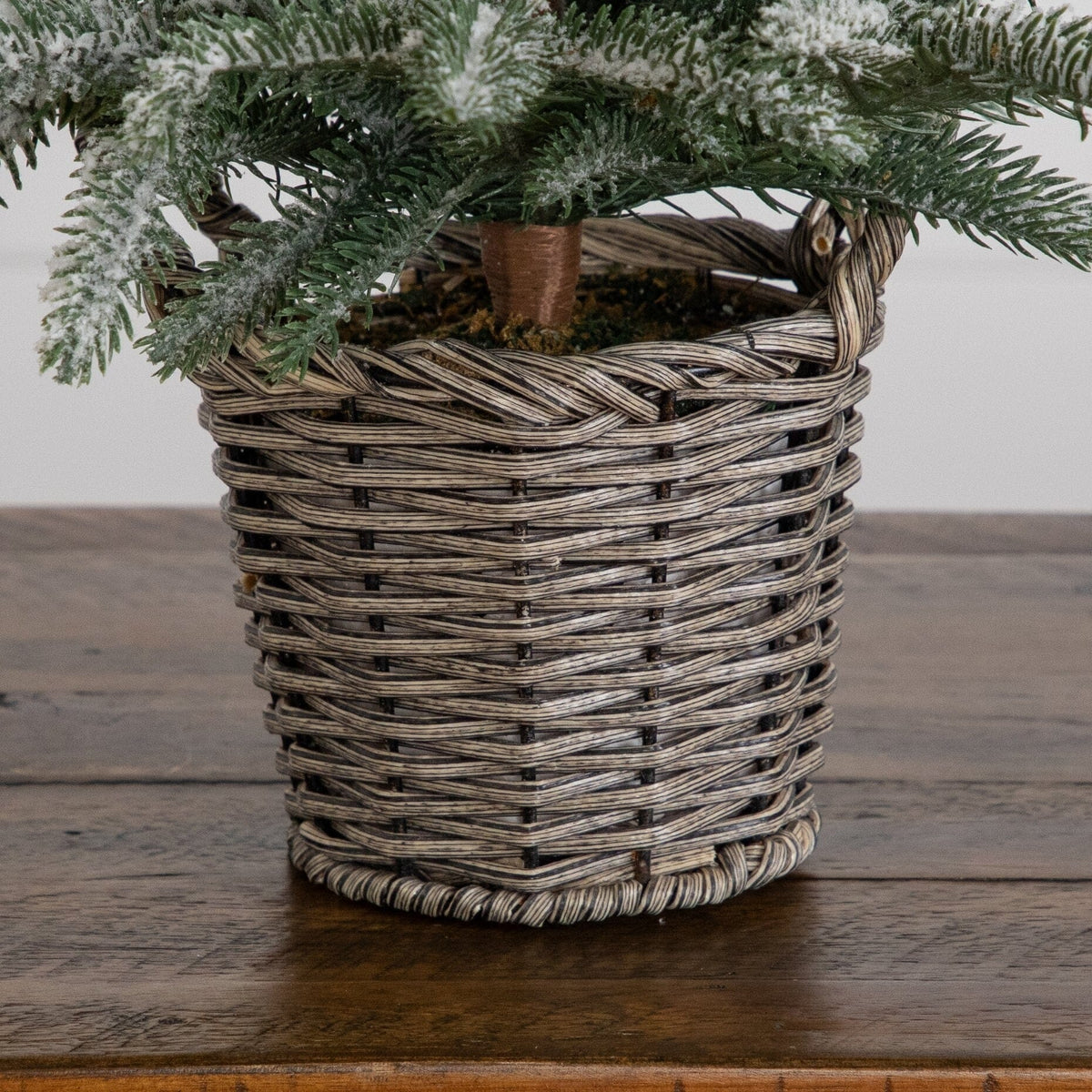 2' artificial frosted Christmas tree in decorative woven basket by Nearly Natural on Tampa Home & Garden Store