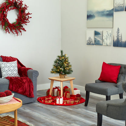 2’ Frosted Pine Artificial Christmas Tree with 35 Clear LED Lights, Pinecones and Burlap Base