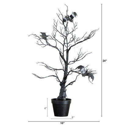 2' Pre-Lit Black Spooky Twig Tree with Bats, 40 orange & purple LEDs by Nearly Natural on Tampa Home & Garden Store