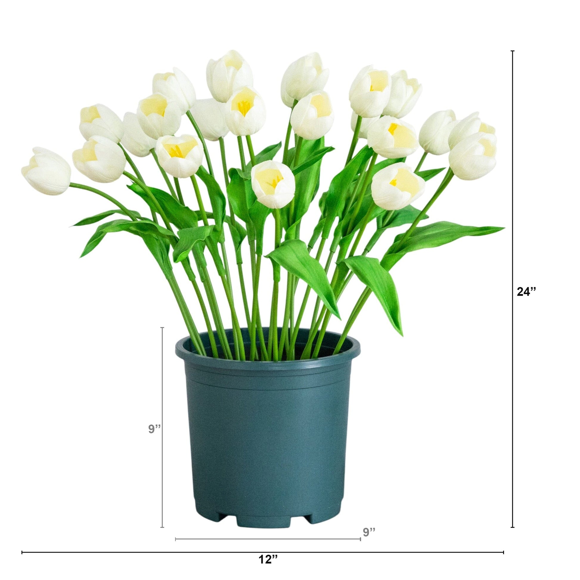 2' UV Resistant artificial tulip plant with white petals and yellow centers in a dark green pot Nearly Natural indoor/outdoor on Tampa Home & Garden Store