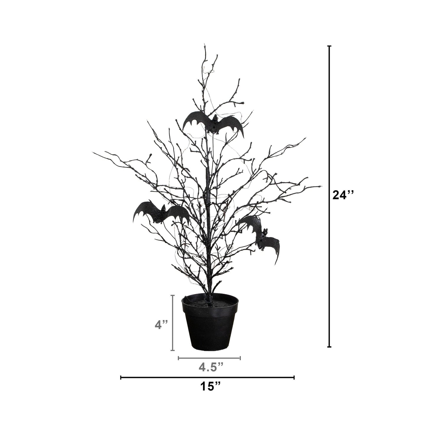 2ft Nearly Natural black spooky twig tree with bats and orange and purple LEDs in pot on Tampa Home & Garden Store