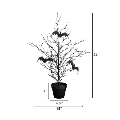 2ft Nearly Natural black spooky twig tree with bats and orange and purple LEDs in pot on Tampa Home & Garden Store