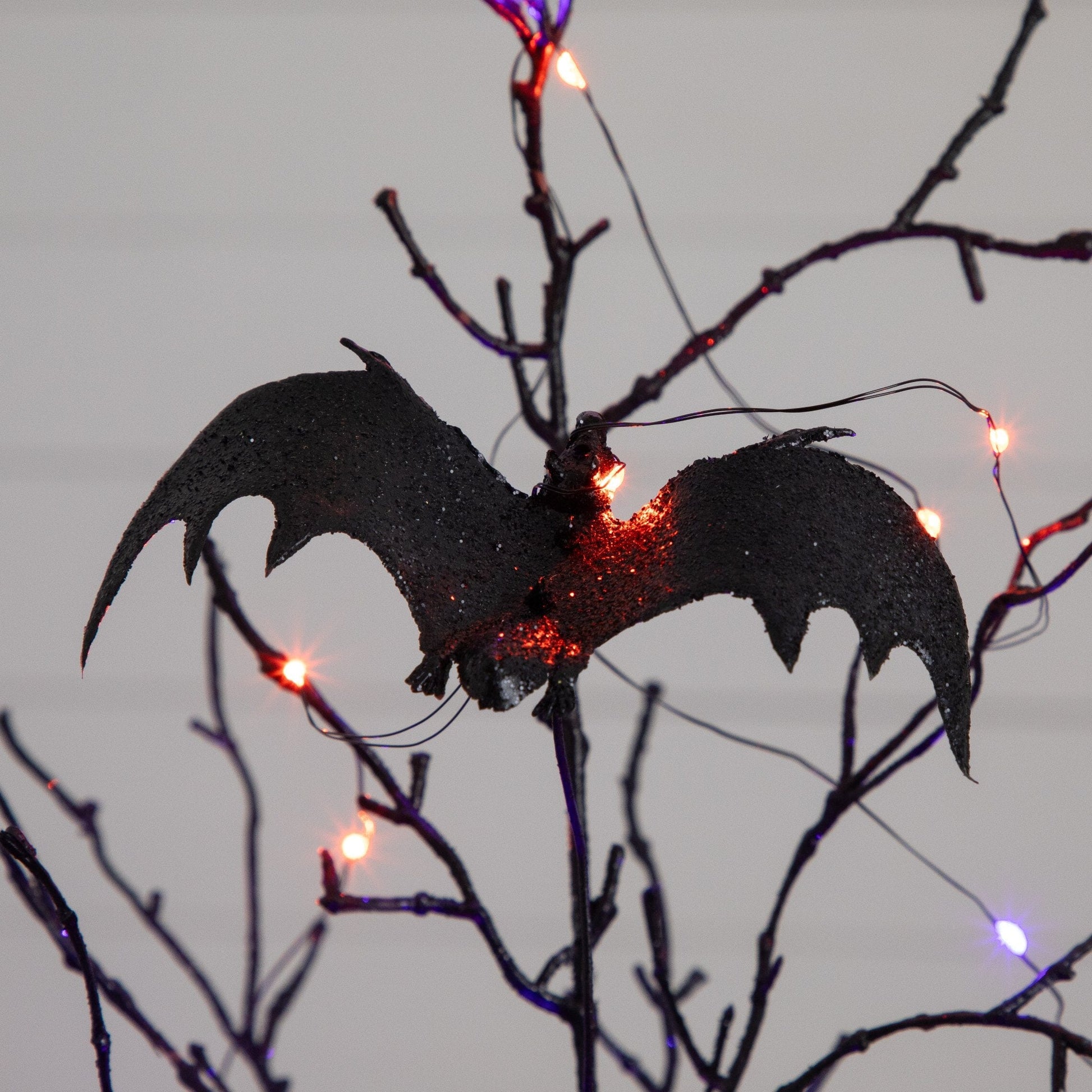 Tree Nearly Natural 2' tall black spooky twig with bats and 40 orange and purple LEDs on Tampa Home & Garden Store