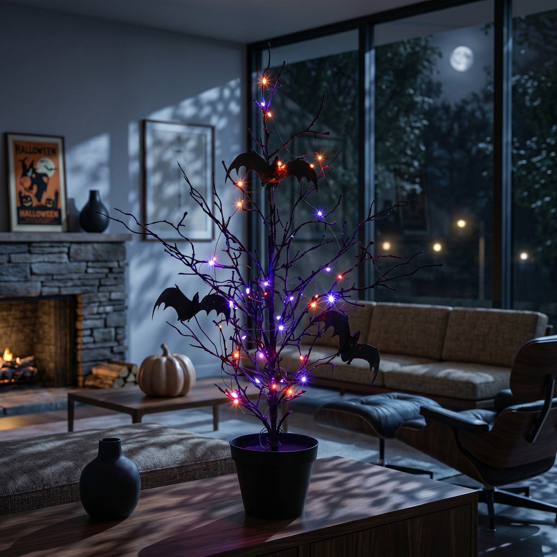 2 ft black spooky twig tree with bat silhouettes and 40 orange-purple LEDs for Halloween decor on Tampa Home & Garden Store