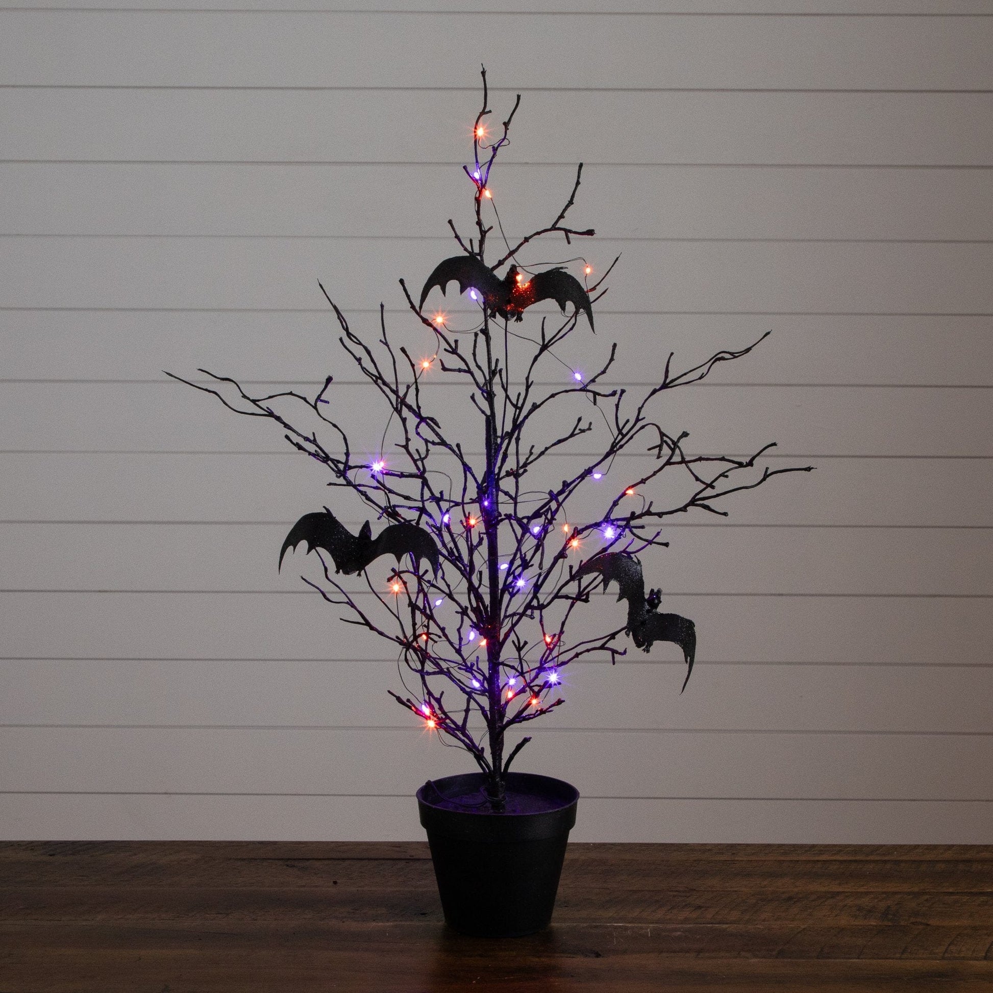 2' black pre-lit spooky twig tree with bats and 40 orange & purple LEDs Nearly Natural on Tampa Home & Garden Store