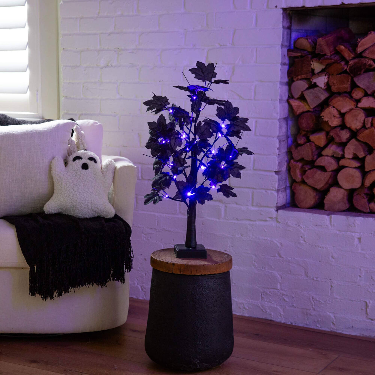 2' Pre-Lit Artificial Halloween Black Maple Tree, 24 orange & purple LEDs, Nearly Natural on Tampa Home & Garden Store