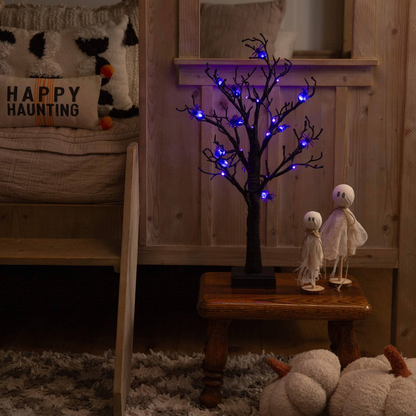 2ft Pre-Lit Halloween Spider Twig Tree with 24 purple LEDs, black twig branches on a small base on Tampa Home & Garden Store