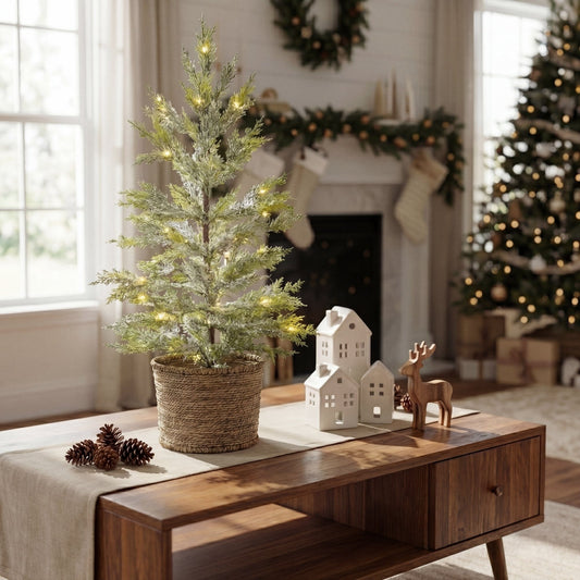 2 ft Nearly Natural pre-lit snowed cypress Christmas tree in hyacinth basket with 30 LED lights on Tampa Home & Garden Store