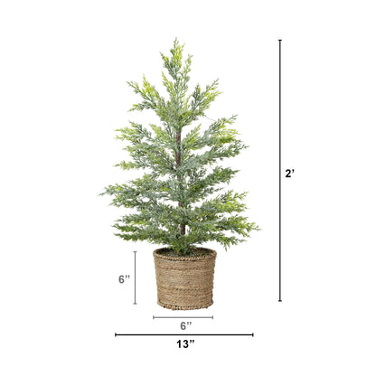 2 ft pre-lit snowy cypress tree in hyacinth basket with 30 LED lights by Nearly Natural on Tampa Home & Garden Store
