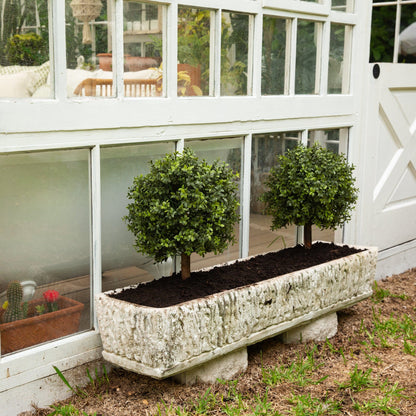 Boxwood topiary pair by Nearly Natural, 2' tall, UV resistant, with ground stake in stone planter on Tampa Home & Garden Store