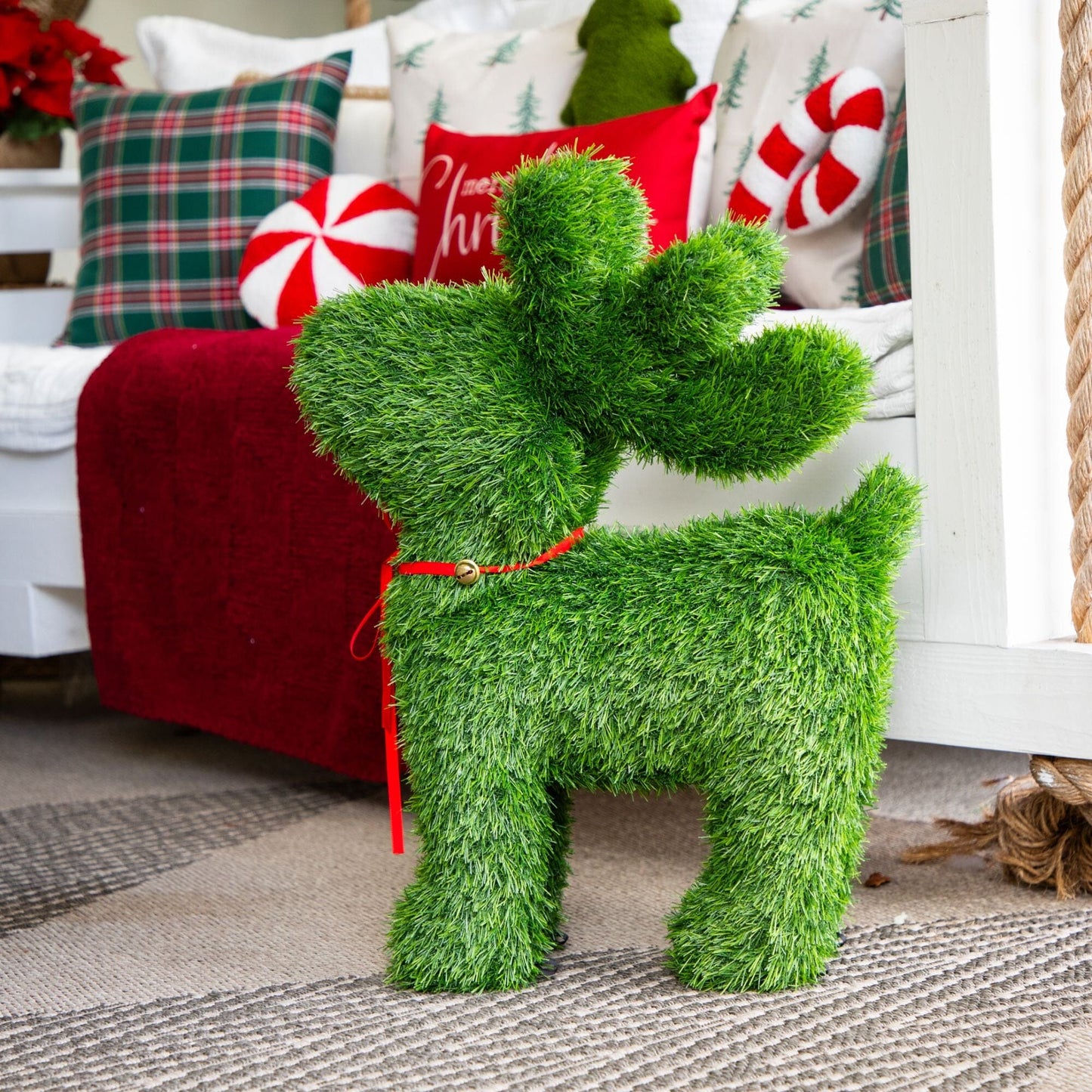 2' UV-resistant Nearly Natural artificial Christmas grass topiary reindeer with red ribbon on Tampa Home & Garden Store