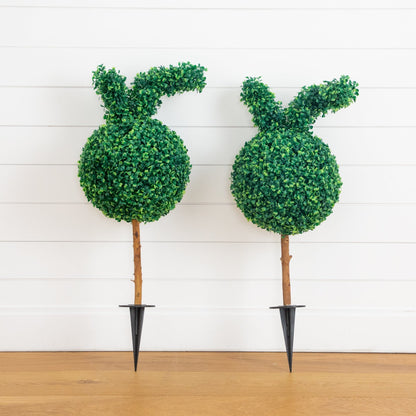 2' UV-resistant artificial Easter bunny boxwood topiary set of 2 with ground stake on Tampa Home & Garden Store