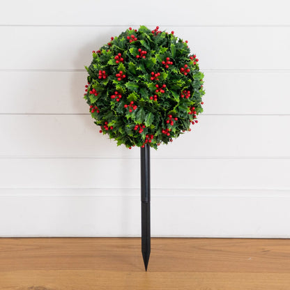 Nearly Natural 2' UV-resistant holly berry topiary on integrated ground stake indoor/outdoor on Tampa Home & Garden Store