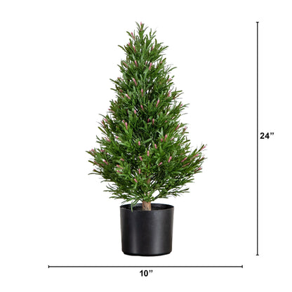 2' UV-resistant artificial rosemary cone topiary tree in black pot, pink accents, indoor/outdoor on Tampa Home & Garden Store