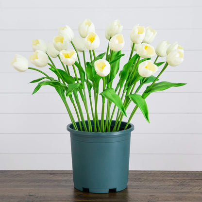 2' UV Resistant Artificial Tulip Plant white yellow tulips in teal pot Nearly Natural on Tampa Home & Garden Store