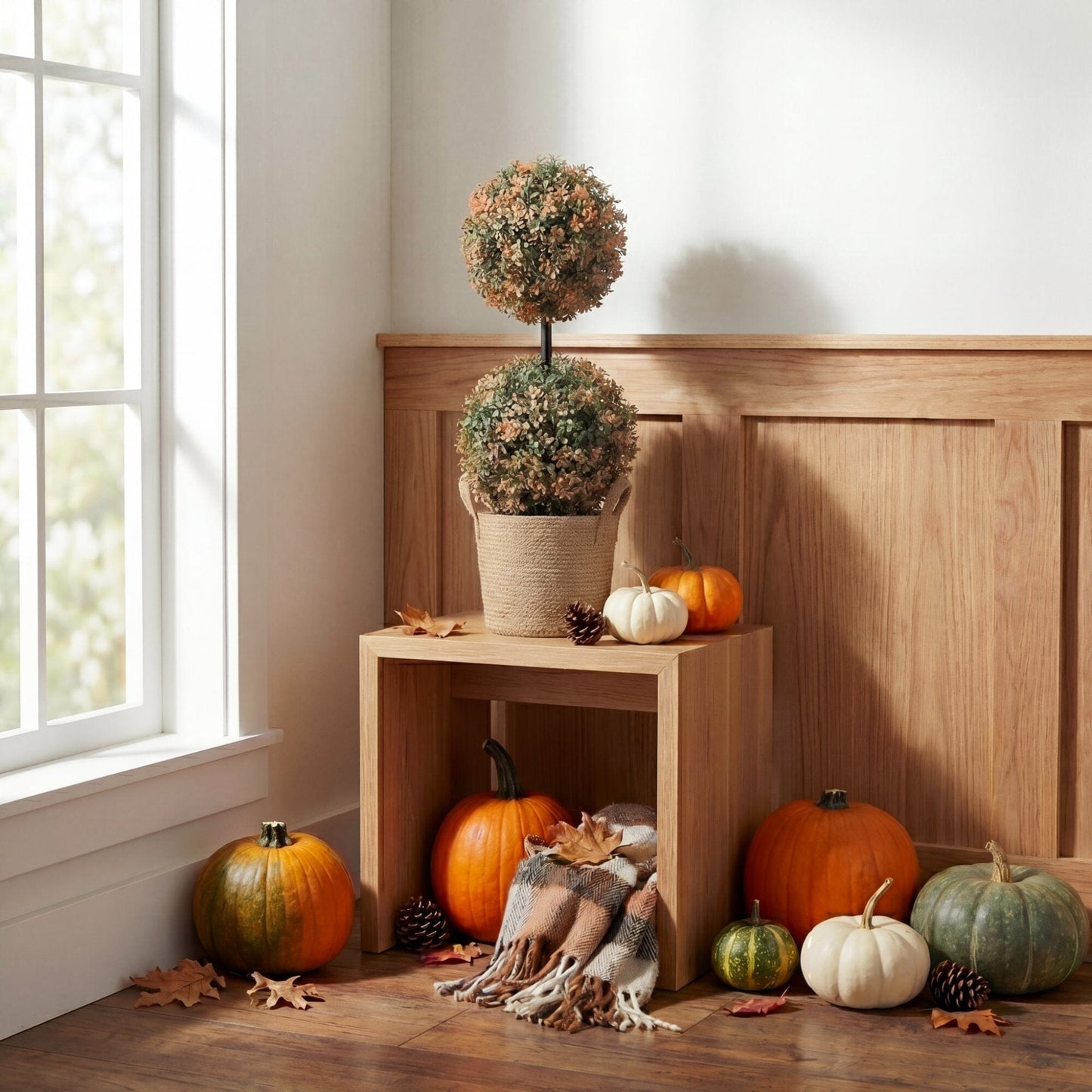 2’ UV Resistant Autumn Double Ball Boxwood Topiary Tree by Nearly Natural in woven pot; pair on Tampa Home & Garden Store