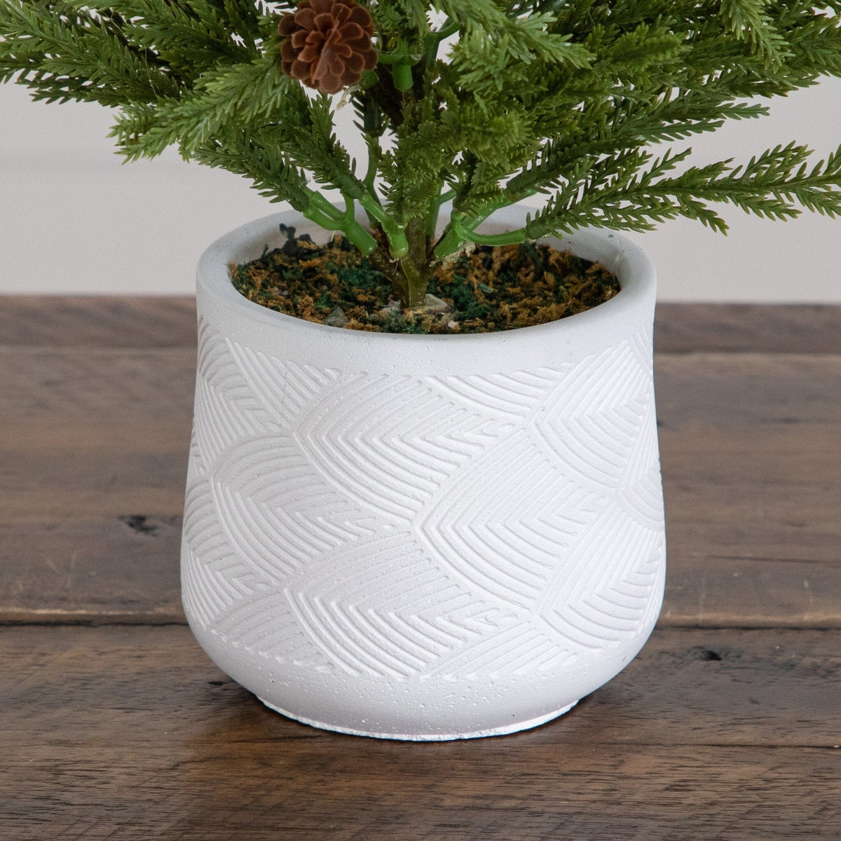 Nearly Natural 20” artificial cedar pine tree with pinecones in a white ceramic planter on Tampa Home & Garden Store
