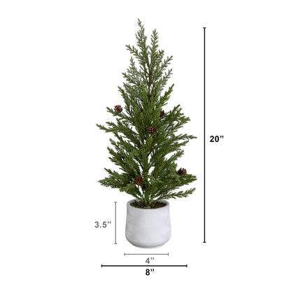 20-inch Nearly Natural artificial cedar pine Christmas tree in white ceramic planter with pinecones on Tampa Home & Garden Store
