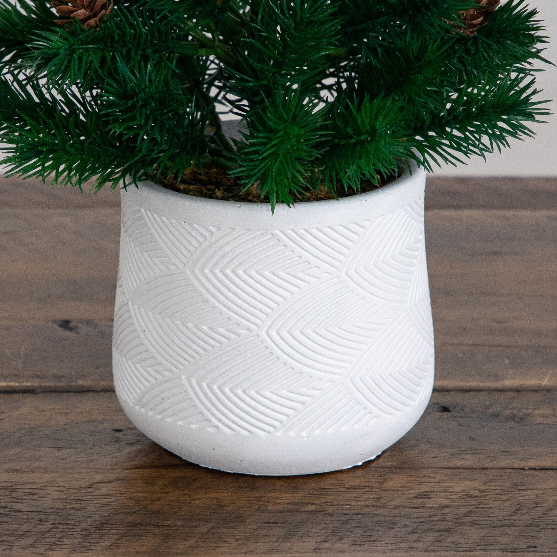 Nearly Natural 20-inch artificial Christmas tree with pinecones in white ceramic planter on Tampa Home & Garden Store