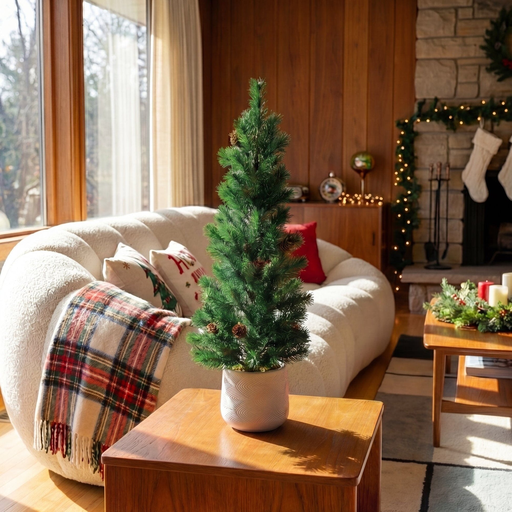 20-inch artificial Christmas tree with pinecones in a white planter by Nearly Natural on Tampa Home & Garden Store