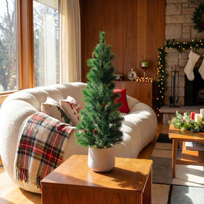 20-inch artificial Christmas tree with pinecones in a white planter by Nearly Natural on Tampa Home & Garden Store