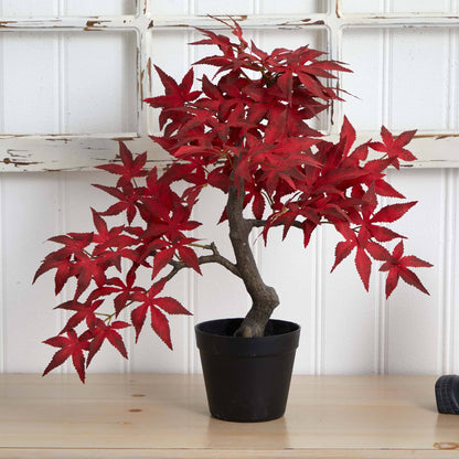 20in Autumn Maple Bonsai tree with red leaves in a black pot Nearly Natural artificial on Tampa Home & Garden Store