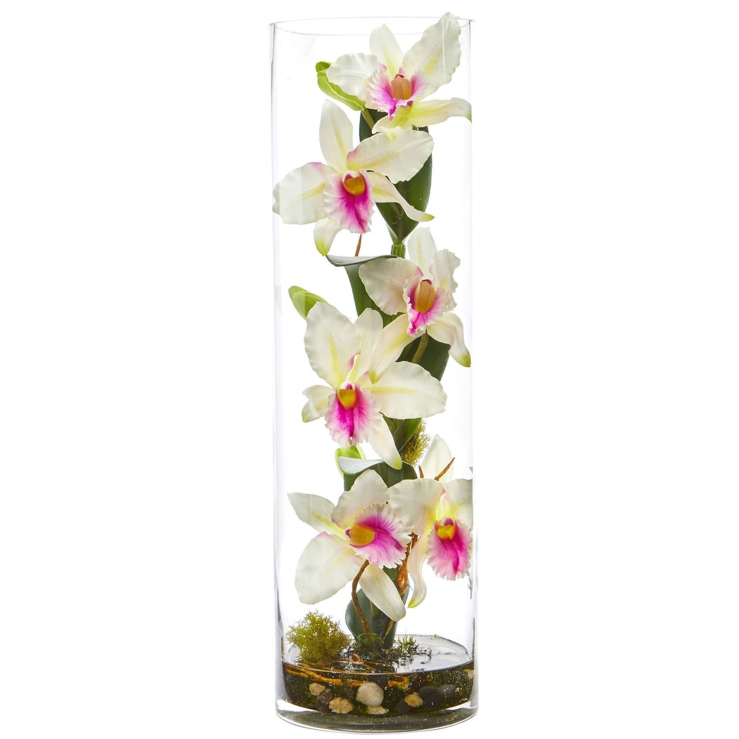 Arrangement floral artificiel d'orchidées Cattleya de 20 pouces dans un vase cylindrique