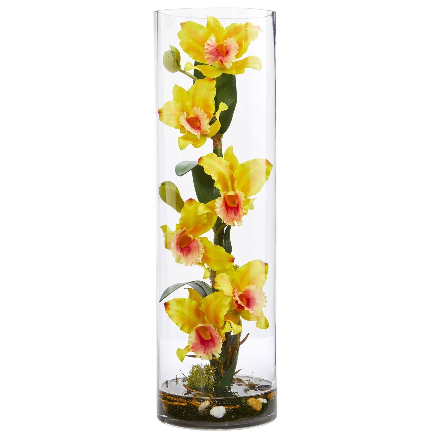 Arrangement floral artificiel d'orchidées Cattleya de 20 pouces dans un vase cylindrique