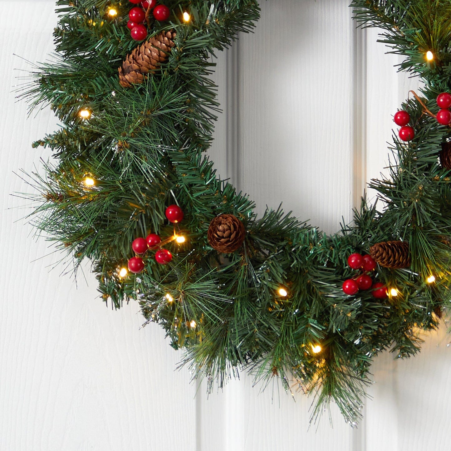 Nearly Natural 20in Frosted Pine Wreath with pinecones, berries and warm white LED lights on Tampa Home & Garden Store