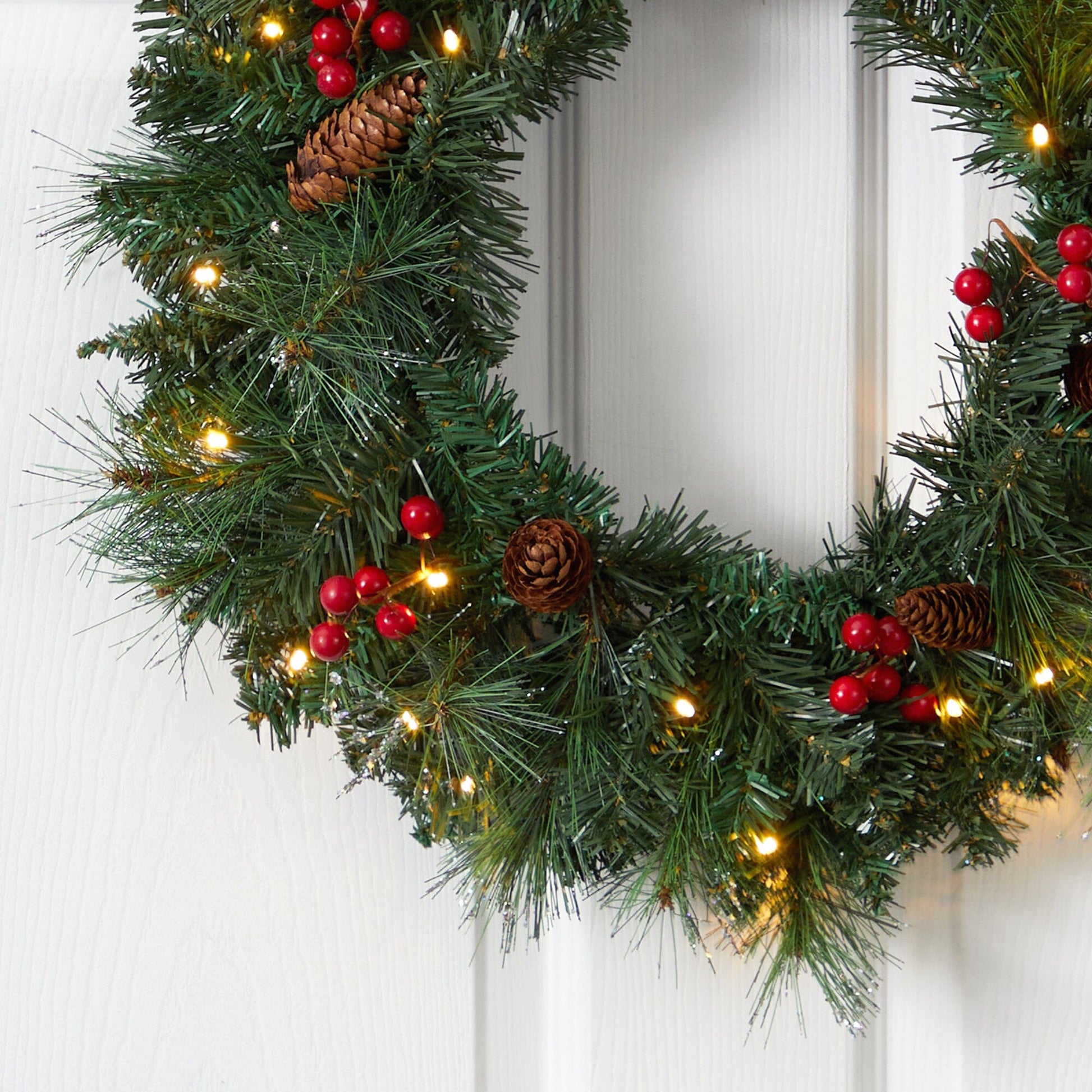 Nearly Natural 20in Frosted Pine Wreath with pinecones, berries and warm white LED lights on Tampa Home & Garden Store