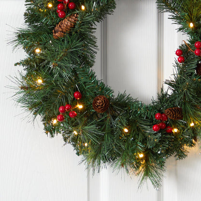 Nearly Natural 20in Frosted Pine Wreath with pinecones, berries and warm white LED lights on Tampa Home & Garden Store